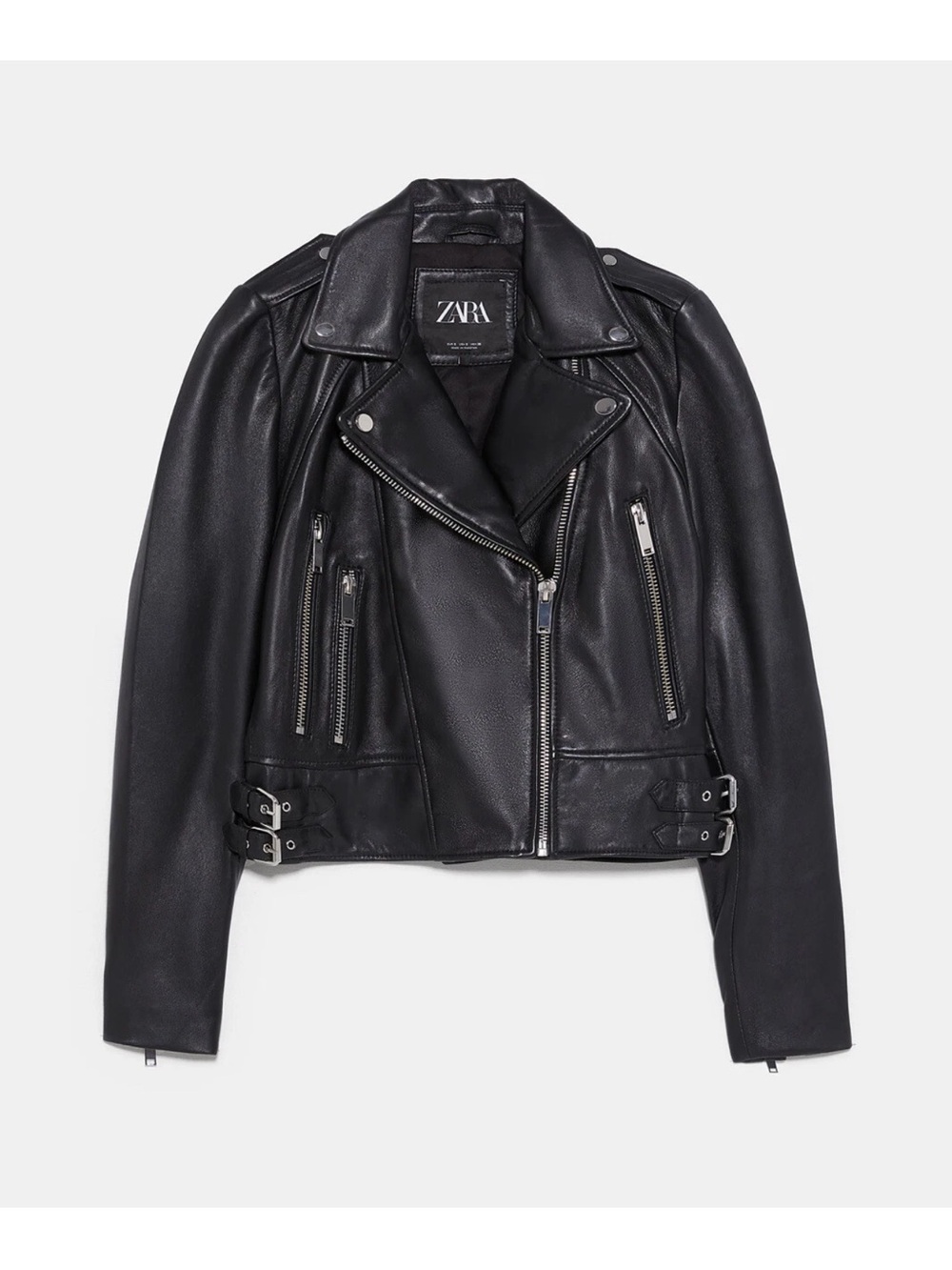 Zara Black Leather Moto Jacket with Silver Hardware